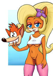 2018 5_fingers anthro bandicoot bedroom_eyes blonde_hair blue_eyes bottomless breasts clothed clothing coco_bandicoot crash_(series) digital_media_(artwork) female flower fur hair half-closed_eyes hi_res holding_object legwear long_hair looking_at_viewer mammal marsupial midriff navel open_mouth orange_fur plant pubes pussy seductive solo standing tataporn thigh_highs under_boob video_games