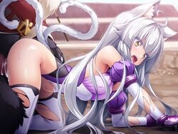 1boy 1girls 2_tails all_fours animal_ears animal_tail ass cat_ears cat_girl cat_tail censored clothed_sex clothing cum cum_in_pussy doggy_style female forced inoino interspecies kouyoku_senki_exs_tia long_hair lusterise monster multi_tail open_eyes open_mouth penetration sex surprised tail thighhighs torn_clothes transformation underwear white_hair yellow_eyes