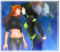 2girls arm arms arms_at_sides arms_behind_back black_bodysuit black_clothes black_eyes black_hair bodysuit breasts closed_mouth disney female female_only full_moon green_lipstick grey_pants hands highres human human_only imminent_kiss kim_possible kimberly_ann_possible lips lipstick long_hair long_sleeves looking_at_another makeup medium_breasts midriff moon multicolored multicolored_bodysuit multiple_females multiple_girls mutual_yuri navel neck orange_hair pale_skin pants parted_lips pink_lipstick png redhead shadako26 shego skin_tight smile standing wholesome yuri zoom_layer