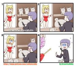 /\/\/\ 1boy 4koma :d absurdres animal_ears artist_name bangs bare_shoulders black_shirt blonde_hair blush breasts cat_boy cat_ears cat_tail catboy catsuit cleavage comedy comic commentary_request condom condom_packet_strip condom_wrapper drooling erection erection_under_clothes eyebrows_visible_through_hair flying_sweatdrops funny futanari greenteaneko gun hair_between_eyes hand_up handgun head_tilt highres holding holding_condom holding_gun holding_weapon humor intersex leotard long_sleeves medium_breasts mongirl_4koma open_mouth original purple_hair red_leotard shaking_head sharp_teeth shirt silent_comic smile strapless strapless_leotard stuffed_animal stuffed_toy sweat tail teddy_bear teeth trap turn_pale watermark weapon web_address wrist_cuffs |_|