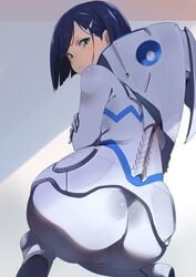 1girls ass back bad_id bad_twitter_id big_ass blue_hair blush bodysuit crossed_arms darling_in_the_franxx green_eyes hair_ornament hairclip ichigo_(darling_in_the_franxx) looking_at_viewer looking_back nuezou pilot_suit solo white_bodysuit