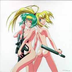 2girls aqua_hair ass blonde_hair blue_eyes breasts burn_up!_w female female_only green_hair gun large_breasts long_hair looking_at_viewer looking_back maya_jinguu_(burn_up!) multiple_females multiple_girls nude red_eyes rifle rio_kinezono_(burn_up!) short_hair smile weapon