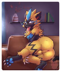 1boy 2018 3_toes 4_fingers anthro anus ass balls big_ass blue_eyes blue_fur blush book claws controller dark_skin detailed_background digital_media_(artwork) drooling fangs feet feline femboy fur furry game_controller grey_fur happy inviting looking_at_viewer looking_back lying male male_only nintendo on_side open_mouth pawpads paws perineum pokémon_(species) pokemon pokemon_(species) pokemon_usm presenting presenting_anus presenting_hindquarters saliva saliva_string smile sofa solo teeth testicles text thick_thighs toe_claws toes tongue tongue_out tuft vase video_games watermark whiskers white_border yellow_fur zackary911 zeraora