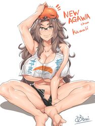 ayumu_ooo brown_eyes brown_hair cleavage female glasses large_breasts midriff minishorts obui sitting solo tank_top underboob white_background