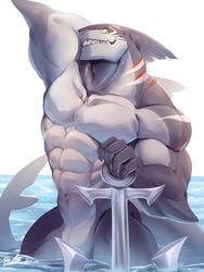 abs anchor anthro biceps dorsal_fin featureless_crotch fin fish flexing gills hand_behind_head head_fin looking_at_viewer male male_only marine muscular muscular_male navel partially_submerged pecs rabbity shark shark_tail smile solo standing teeth yellow_eyes