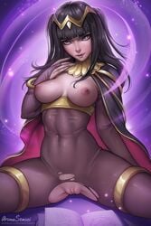 areolae aroma_sensei blunt_bangs bodystocking breasts bridal_gauntlets female female_only fire_emblem fire_emblem_awakening magic nipples pussy solo tharja_(fire_emblem)