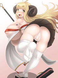 anila_(granblue_fantasy) ass blonde_hair breasts draph dress fur_trim granblue_fantasy hakama_skirt high_kick horns kicking large_breasts long_hair looking_back panties polearm pussy sheep_horns short_eyebrows thick_eyebrows thighhighs underwear wavy_hair weapon white_legwear white_panties