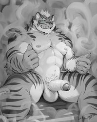 2018 abs anthro barazoku blue_eyes erection feline foreskin hanukami lin_hu looking_at_viewer male male_only mammal monochrome muscular nekojishi penis pubes signature sitting smile solo spread_legs spreading tiger