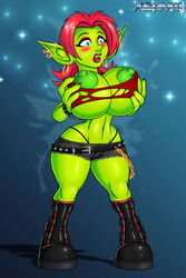 2013 belt blizzard_entertainment blue_eyes blush bracelet breast_expansion breasts daisy_dukes ear_piercing earring expansion exposed_breasts eyeshadow female goblin goblin_female green_nipples green_skin hand_on_own_breast hands_on_breasts huge_breasts jewelry nipples open_mouth pink_hair platform_footwear platform_heels platform_shoes red_eyeshadow red_lipstick ripped_clothing short_shorts solo surprised thin_waist thong thong_panties warcraft wide_hips world_of_warcraft xenium zealous