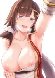 arm_up armpits blue_eyes breasts breath brown_hair cai_geng clothing collarbone eyebrows_visible_through_hair female granblue_fantasy hair_ornament large_breasts leona_(granblue_fantasy) long_hair nipples open_mouth ponytail simple_background smile solo upper_body white_background