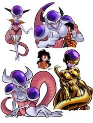 1boy 1girls alien_girl big_head breasts dragon_ball dragon_ball_z female frieza genderswap gold_skin highres horns hourglass_figure human panties pink_skin rule_63 tail thick_thighs tran4of3 transformation white_skin yamcha