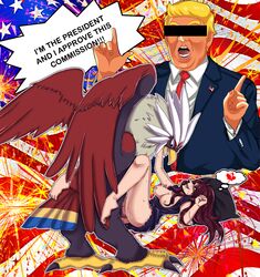 1girls 2boys ahe_gao american_flag anthro ass avian beak big_feet blush braviary breasts breasts_out brown_eyes brown_hair censor_bar censored clothed clothed_female_nude_male clothing donald_j_trump donald_trump drooling duo english_text eye_contact feathered_wings feathers feet female female_human female_on_feral feral fireworks flag hair human human_on_feral humor interspecies joke legs_up looking_up male male/female male_penetrating male_pokemon male_pokemon/female_human mammal maple_leaf missionary_position nintendo nipples nude open_mouth original_character penetration penis pokémon_(species) poképhilia pokemon pokemon_bw pokephilia princessyiris pussy raitvisualworks red_background saliva sex smile sweat text thinking tongue trainer_iris vaginal_penetration video_games wings zoophilia