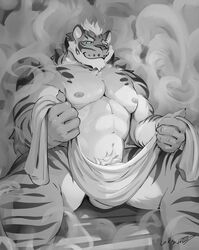 2018 abs anthro balls barazoku barely_visible_genitalia blue_eyes feline hanukami lin_hu looking_at_viewer male male_only mammal monochrome muscular nekojishi signature sitting smile solo subtle_penis tiger