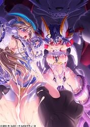 2girls amagi_michihito arm_grab armor ass ass_grab blonde_hair blue_eyes blue_hair brainjacker_(rin_kaifon) breast_grab breasts breasts_out clenched_teeth cum cum_in_pussy cum_on_body cum_on_clothes cum_on_hair cum_on_lower_body cum_on_upper_body erect_nipples facial from_behind grabbing highleg highleg_leotard large_breasts leotard long_hair looking_at_viewer looking_away looking_to_the_side medium_breasts monster multiple_girls navel nipples official_art open_mouth rape red_eyes restrained sex short_hair shoujo_senki_brain_jacker shoujo_senki_soul_eater soul_eater_(mikoto_enjou) spread_legs sweat tentacle tentacle_rape tongue torn_clothes torn_leotard yoshii_dan