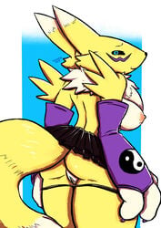 2018 3_fingers anthro bedroom_eyes black_sclera blue_eyes breasts canine clothed clothing digimon digital_media_(artwork) female half-closed_eyes hi_res looking_at_viewer looking_back mammal nipples panties panties_down pussy rear_view renamon seductive skirt smile solo standing tataporn topless underwear undressing