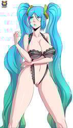 1girls artist_name black_bra blue_eyes blue_hair blush bra breasts collarbone crotchless_clothes female gradient_hair green_hair hair_ornament halterneck hand_up highres kyoffie lace-trimmed_bra large_breasts league_of_legends legs_apart lingerie lips long_hair matching_hair/eyes multicolored_hair nipples pussy see-through shiny shiny_hair shiny_skin simple_background solo sona_buvelle standing tied_hair twintails uncensored very_long_hair watermark white_background
