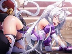 1boy 1girls all_fours animal_ears animal_tail ass cat_ears cat_girl cat_tail censored clothed_sex clothing cum cum_in_pussy doggy_style female forced inoino interspecies kouyoku_senki_exs_tia long_hair lusterise monster open_mouth penetration sex tail thighhighs torn_clothes transformation underwear white_hair yellow_eyes