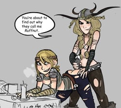 2girls assertive_female astrid_hofferson babby blonde_hair boots breasts dialogue domination excited female female_only femdom femsub freckles froockles grey_background hand_on_ass happy happy_sex headband helmet horn horns how_to_train_your_dragon lezdom lezsub multiple_girls nervous nervous_smile nipples no_shirt ruffnut_thorston shoulder_pads small_breasts smile steam strap-on strap-on_over_clothes strapon submission submissive submissive_female sweat table thorns torn_clothes tracksuit yellow_hair yuri