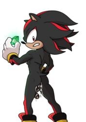 anthro ass black_body black_fur black_nose bodily_fluids chaos_emerald clenched_teeth clothing countershade_face countershading cum cum_drip cum_on_penis dripping emerald_(gem) eulipotyphlan fangs footwear fur gem genital_fluids genitals gloves handwear hedgehog hi_res holding_object looking_at_viewer looking_back luckylui male male_only mammal mostly_nude penis rear_view red_body red_eyes red_fur shadow_the_hedgehog simple_background solo sonic_(series) sonic_the_hedgehog_(series) standing tan_body tan_skin teeth white_background