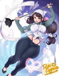 apron brown_eyes brown_hair female handkerchief high_heels long_hair midriff plunger ryo_agawa solo thick_thighs tied_hair turtleneck turtleneck_sweater whale_tail wide_hips