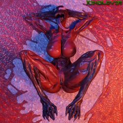 16:9 2022 3d_(artwork) 4k absurd_res alien big_breasts black_body breasts carnage_(marvel) claws detailed_background digital_media_(artwork) fangs female genitals hi_res huge_filesize humanoid lying marvel monster multicolored_body muscular muscular_female nude open_mouth pussy red_body rule_63 she-carnage solo symbiote teeth thekidxeno thick_thighs two_tone_body white_eyes wide_hips widescreen