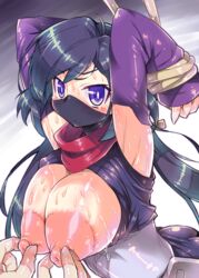 armpits ayame_(gundam_build_divers) bangs black_hair blush bondage bound bound_wrists breasts breasts_out detached_sleeves face_mask female femsub fujisawa_aya gundam gundam_build_divers huge_areolae japanese_clothes kanibasami kunoichi large_breasts long_hair mask ninja nipple_pinch nipple_pull nipple_tweak nipples purple_eyes rope rope_bondage scarf sweat tears tied_up