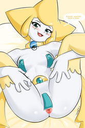 1girls 3_eyes anthro anthrofied anus areola_slip areolae ass bed big_ass blonde_hair blue_eyes blush breasts collar english_text erect_nipples eyelashes feet female female_only green_eyes half-closed_eyes highres inviting jirachi legs_up looking_at_viewer lying maebari multi_eye nintendo no_humans nude open_mouth pasties pokemon pokemon_(species) pokemon_rse presenting rule_63 shadowill solo speech_bubble spread_legs spreading talking text text_focus thighhighs uncensored white_skin wide_hips yellow_sclera