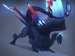 2018 absurd_res anus ass blue_tongue claws compression_artifacts dragon feathered_wings feathers female feral hi_res horn lunalei open_mouth presenting presenting_hindquarters presenting_pussy pussy red_eyes scalie simple_background smile solo suggestive teeth tongue tongue_out wings
