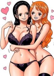 2girls ai_generated big_breasts black_lingerie bra breasts brown_eyes female female_only flirting ginger ginger_hair heart_symbol hourglass_figure hugging hugging_from_behind lace-trimmed_bra lace-trimmed_panties lingerie lingerie_only long_hair long_legs nami_(one_piece) nico_robin one_piece orange_hair panties simple_background slim_waist stockings thighhighs yuri