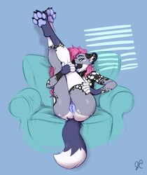 2018 4_toes 5_fingers anthro anus ass blue_fur canine chair claws digital_media_(artwork) ear_piercing female fur green_eyes hair hindpaw leg_grab legs_up long_hair looking_at_viewer mammal multicolored_fur one_eye_closed pawpads paws piercing pink_hair presenting presenting_hindquarters presenting_pussy pussy signature simple_background sitting smile solo spots spotted_fur thelupinprincess toe_claws toes tongue tongue_out white_fur