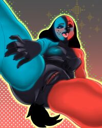 absurd_res anthro anus areola ass black_body black_ears black_fur black_sclera black_tail blue_areola blue_body blue_fur blue_nipples breasts butt_from_the_front canid canine canis domestic_dog eyelashes female floppy_ears front_view fur genitals gibeechee gradient_background grey_background grey_body grey_eyes grey_fur hi_res looking_at_viewer lop_ears low-angle_view mammal nintendo nintendo_switch nipples nude open_mouth pink_background pink_tongue pink_vulva pussy red_body red_fur simple_background small_breasts solo switch_dog tail thick_thighs tongue vulva wide_hips