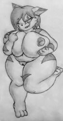 2018 anthro areola big_breasts black_hair breasts elzo-ouo facial_markings fangs feline female greyscale hair hand_on_breast huge_breasts inverted_nipples looking_at_viewer mammal markings monochrome nipples nude one_eye_closed parfait_(plaga) pointy_ears pussy sketch slightly_chubby smile stripes thick_thighs tiger traditional_media_(artwork)