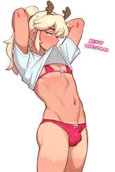 1boy blonde_hair blue_eyes bra bulge christmas cody_(dross) crossdressing dross femboy male male_only merry_christmas original panties ponytail shirt shirt_lift source_request t-shirt tanline