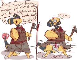 2025 ampharos anthro anthro_male anthro_only axe balls black_markings brown_clothing caesars_legion chastity_cage chastity_device clothed clothed_anthro clothed_male clothing colored dialogue embarrassed english_description english_text fallout fighting_pose fur furry furry_male furry_only generation_2_pokemon genitals hi_res imminent_fight intimidation looking_down looking_down_at_genitalia looking_down_at_penis looking_down_at_self male male_anthro male_only male_pokemon markings microsoft multiple_scenes nintendo onomatopoeia penis pink_chastity_cage pokemon pokemon_(species) pose semi-anthro simple_background sobel_(xurora) solo solo_male sound_effects standing tail text wardrobe_malfunction wearing_chastity_cage wearing_chastity_device white_background white_body white_fur wind_blowing_skirt xurora yellow_body