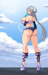 1girls arshtat_falenas ass back bimbo breasts bubble_ass busty clothing curvy devil-v female_only high_heels ice_cream large_ass large_breasts long_hair looking_back milf open_mouth open_toe_shoes pale-skinned_female pale_skin queen shorts showing_off sideboob silver_hair suikoden suikoden_v text voluptuous watermark white_hair