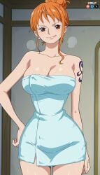 after_shower ai_generated big_breasts breasts brown_eyes cleavage earrings female flirting flirting_with_viewer ginger ginger_hair hair_tied hand_on_hip hourglass_figure long_hair long_legs nami_(one_piece) one_piece orange_hair slim_waist tied_hair tongue tongue_out towel towel_only towel_wrap wet wet_body zcqrlet
