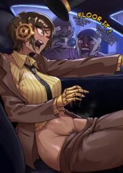 1girls 2boys blush camera caught_masturbating dark-skinned_female dark_skin dialogue embarrassed english_text female female_focus limbus_company male masturbation outis_(limbus_company) project_moon pubic_hair tagme text tresmarrow