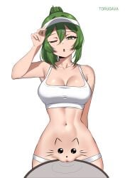 ;o arknights arknights:_endfield artist_name bodypaint breasts cleavage commentary do_you_want_to_pet_my_cat_(meme) female female_torso fluorite_(arknights:_endfield) green_eyes green_hair highres large_breasts looking_at_viewer medium_hair meme navel one_eye_closed panties ponytail pussy simple_background solo sports_bra stomach torusava uncensored underwear visor_cap white_background white_panties white_sports_bra