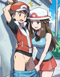 1boy 1girls ai_assisted ai_generated arms_above_head balls black_shirt blue_pants blue_shirt breasts brown_eyes brown_hair clothes_pull collarbone day female hands_tied hands_tied_above_head leaf_(pokemon) long_hair looking_at_another male medium_breasts open_mouth outdoor_nudity outdoors pants_down pants_pull pants_pulled_down partially_clothed partially_nude penis pokemon pokemon_(game) pokemon_frlg red_(pokemon) red_hat red_jacket red_skirt short_hair short_sleeves sleeveless_shirt small_balls small_penis small_penis_humiliation smug surprised sweatdrop testicles tiny_balls tiny_penis undressing_another white_hat worried