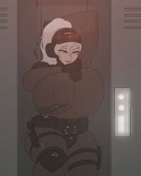 1girls big_ass breast_expansion breasts comic female hitama hourglass_figure hourglass_figured_female huge_breasts inside_locker locker nipple_bulge original original_character slime textless thick_thighs wide_hips