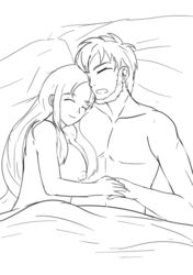 1boy aikiyun beard bed black_and_white blanket camelot cuddling female golden_sun golden_sun_dark_dawn hand_holding happy isaac_(golden_sun) long_hail mia_(golden_sun) nintendo nude pillow romantic short_hair sketch sleeping smile straight very_long_hair