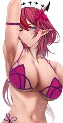 1girls alternate_version_available arm_over_head arm_up armband armpit_crease armpit_focus armpits big_breasts bikini blue_eyes blush breasts cleavage commentary cosplay cowboy_shot double_halo fate/grand_order fate_(series) female female_only flower hair_between_eyes hair_flower hair_ornament halo heterochromia highres hololive hololive_english hololive_english_-promise- horns huge_breasts irys irys_(hololive) large_breasts long_hair looking_at_viewer multi_horn navel pointy_ears presenting_armpit red_bikini red_eyes red_hair scathach_(fate) scathach_(fate)_(cosplay) scathach_(swimsuit_assassin) scathach_(swimsuit_assassin)_(cosplay) si_farid side-tie_bikini_bottom solo star_halo stomach string_bikini sweat swimsuit virtual_youtuber white_background