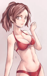 1girls absurd_res bikini bra brown_hair claire_redfield cleavage hi_res navel panties red_panties resident_evil signature simple_background solo vj99