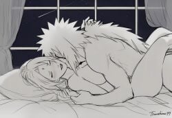 1boy affectionate artist_name blush breasts facial_mark female highres jiraiya_(naruto) large_breasts long_hair mature_female mature_male missionary naruto_(series) sex signature tsunade_(naruto) tsunahime99