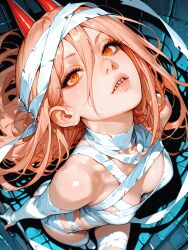 ai_generated blushingcheeks breasts chainsaw_man female halloween halloween_costume mummy_costume power_(chainsaw_man) small_breasts solo solo_female