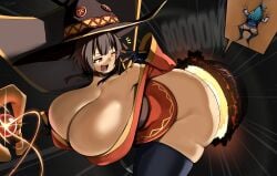 2girls aqua_(konosuba) ass blue_hair body_growth_(enlargement) brown_hair bursting_breasts destruction dgenerate9 explosion giantess giantess_growth gigantic_breasts hanging_breasts kono_subarashii_sekai_ni_shukufuku_wo! light-skinned_female light_skin megumin short_hair short_hair_with_long_locks thick_thighs thighhighs witch_hat