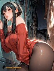 against_wall ai_generated arched_back backalley bare_shoulders blushingcheeks clothed_masturbation female hand_in_crotch hand_in_pantyhose huge_ass outdoors pantyhose spy_x_family standing_masturbation stealth_masturbation thick_thighs wide_hips yor_briar yor_forger