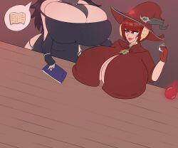 2girls breast_expansion breasts breasts_bigger_than_head breasts_on_table cleavage comic enormous_breasts female hitama hyper hyper_breasts masami_hagane potion textless witch