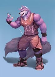 2018 anthro biceps canine clothed clothing digital_media_(artwork) fur hi_res male male_only mammal muscular muscular_male solo wball wolf