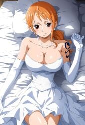 ai_generated aichaya bed big_breasts breasts brown_eyes cleavage earrings elbow_gloves female female_only ginger ginger_hair gloves hair_tied hairband hourglass_figure jewelry laying laying_on_bed long_dress long_gloves long_hair long_legs looking_at_viewer nami_(one_piece) necklace one_piece orange_hair pearl_necklace ponytail simple_background slim_waist tattoo wedding_attire wedding_dress wedding_gloves white_background white_dress